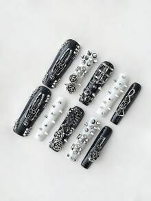 ROMWE Kawaii 10 Pieces Of Punk Style Hand-Worn Press-On Nails + 3 Pieces Of Nail Double-Sided Tape, With Metal Skull Decorative Fake Nail Pieces, High-Quality Rivet Color Matching Super Long Coffin-Type Nail Art, Reusable Nail Pieces In All Seasons, Suitable For Daily, Party, Dance Wear - Multicolor - View 3