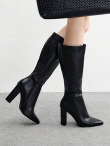 CUCCOO BIZCHIC 高品质黑色及膝靴，尖头粗跟优雅女靴，时尚百搭新设计长靴，展现女性魅力和优雅 - 黑色 - 查看 3