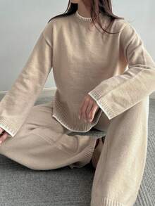 SHEIN Unity 2pcs Women Colorblock Rib-Trim Round Neck Long Sleeve Sweater And Pants Set Fall Winter Cloth For Women - Khaki - View 5