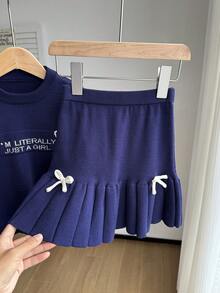 SHEIN Young Girl Slogan & Bow Decor Long Sleeve Sweater And Knit Mini Skirt Casual Set, Autumn/Winter - Blue - View 3