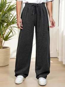 青少年女童抽绳腰阔腿直筒休闲裤，小码女式休闲裤可搭配连帽衫、夹克、毛衣、棉质外套，打造街头和校园风格 - 深灰色 - 查看 8