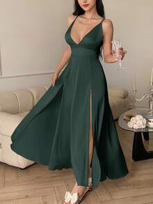 DAZY Sexy Satin Deep V-Neck High Slit Waist Cinched Long Slip Dress For Women - Dark Green - View 1