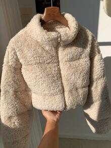 Comfortcana 女式纯色长袖人造毛皮短款面包夹克，冬季外套 - 杏色 - 查看 5