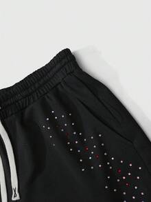 ROMWE MEN Street Life 男士休闲时尚街头水钻抽绳腰部宽松阔腿运动裤 - 黑色 - 查看 6