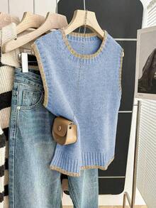 Franclia Casual Loose Crew Neck Sleeveless Knit Contrast Trim Khaki Sweater Top For Women, Spring/Autumn - Blue and White - View 5