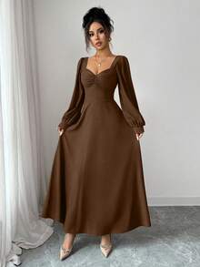 Elenzga Robe longue élégante pour femmes avec encolure carrée, manches bouffantes et taille cintrée. Convient pour les déplacements quotidiens - Marron fonçé - Voir 3