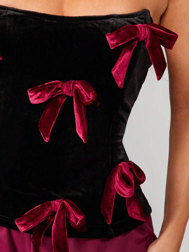 MISSGUIDED Top de corsé de terciopelo con detalles de lazo burdeos, bustier sin tirantes para fiesta de noche formal