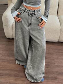 Rivivi Women's Fashion Eyelet Belt Loop Straight Loose Fit Denim Jeans