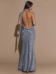 SHEIN BAE 纯银闪光女式派对礼服，秋冬款，露背垂坠领修身优雅长款美人鱼裙，适合约会、音乐节、生日、早午餐、婚礼、派对、万圣节、圣诞节 - 銀色 - 查看 1