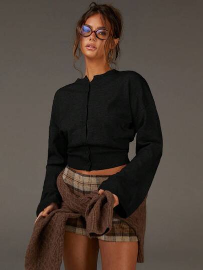 Athîral Women's Fashionable Versatile Solid Color Waist Cinched Flare Sleeve Cardigan,Fall,Fall Clothes For Women,Black Sweater