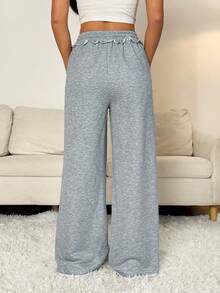 SHEIN PETITE 女士夏季街头服饰外出休闲运动基本款法式灰色松紧腰带直筒宽松裤 - 灰色 - 查看 2