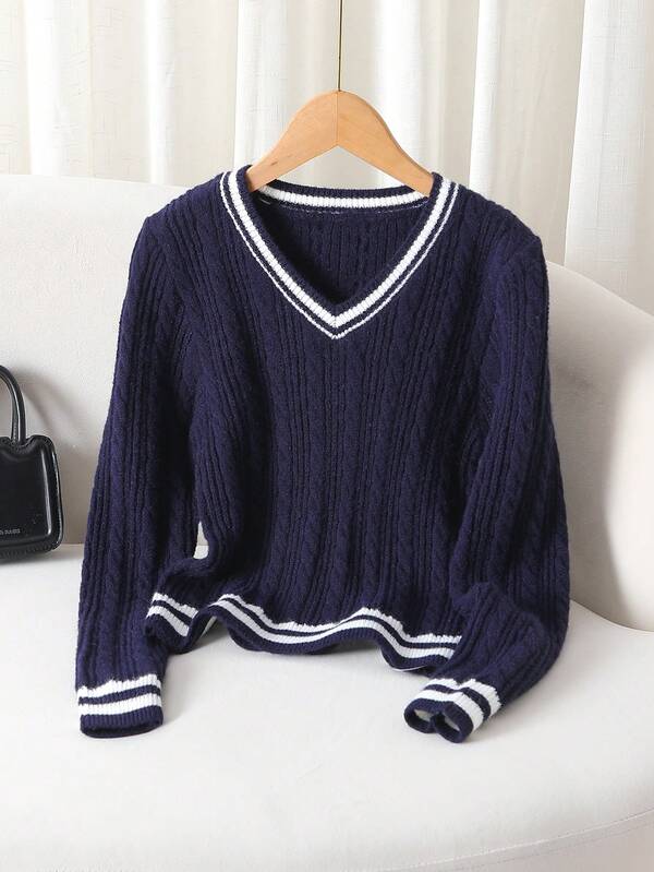 SHEIN Tween Girl Casual Patchwork Striped Trim V-Neck Pointelle Knit, Autumn/Winter Blue And White Stripe Sweater For Girls Sweater Girl Sweater Navy Blue Sweater Girls Summer Clothes For Teens Sweater Sweater For Teen Girls Cute Sweater Sweater For Tweens Aesthetic Preppy Clothes For Girls 12 Girls Autumn Winter Clothes Sweater For Girls Jumper For Girls Kids Sweater Girl Sweater Girl Clothes Autumn And Winter Clothes Sweater For Tweens Tween Girl Jumper Youth Sweaters Knit Sweater Tween Girl Clothes Sweater Cute Sweater