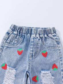 1pc Baby Girls' Light Washed Blue Strawberry Print Wide Leg Jeans, Comfortable & Sweet Casual Vacation School Style Recommended! Soft Light Washed Blue Denim Fabric, Rugged Frayed Hem Contrasts With Delicate Strawberry Print, Unique And Fashionable - Light Wash - View 4