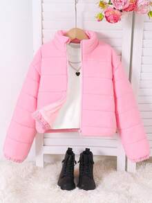 Tween Girls' Pink Short Padded Coat, Stand Collar Zipper Design, Minimalist Outerwear, Diamond Quilted Stitching Snug Fit Effect, Ribbed Cuffs And Hem, Thermal Lined, Fluffy Silhouette, Cute & Age-Reducing, Sweet & Practical Style, Suitable For Daily Outings, School, Children's Winter Clothing, Cardigan, Tween Girls' American Retro Chic Short Padded Coat - Pink - View 1