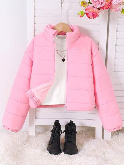 Tween Girls' Pink Short Padded Coat, Stand Collar Zipper Design, Minimalist Outerwear, Diamond Quilted Stitching Snug Fit Effect, Ribbed Cuffs And Hem, Thermal Lined, Fluffy Silhouette, Cute & Age-Reducing, Sweet & Practical Style, Suitable For Daily Outings, School, Children's Winter Clothing, Cardigan, Tween Girls' American Retro Chic Short Padded Coat