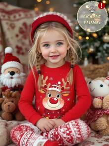2 件女童圣诞驯鹿睡衣套装，舒适贴身柔软圆领长袖上衣和长裤，可爱的节日睡衣，圣诞节和新年礼物推荐 - 紅色 - 查看 5