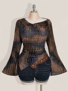 SHEIN ICON 秋季女式加大码西部波西米亚风复古哥特露肩外出扎染印花不对称下摆长袖喇叭袖时尚T恤 - 彩色 - 查看 3