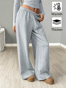 SHEIN LUNE 女式宽松灰色针织棉混纺纹理裤，秋冬 - 灰色 - 查看 1