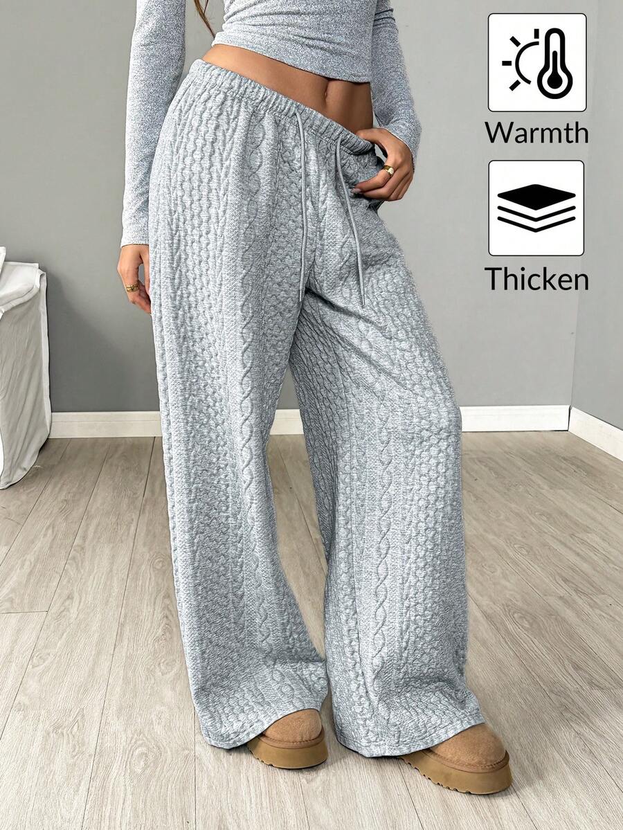 SHEIN LUNE 女式宽松灰色针织棉混纺纹理裤，秋冬 - 灰色 - 查看 1