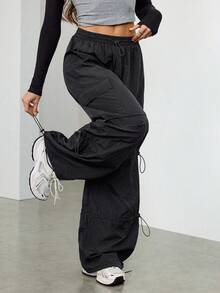 SHEIN EZwear 加大码男女夏季街头运动实用工装裤，抽绳松紧腰，宽松降落伞低腰哈伦裤 - 黑色 - 查看 7