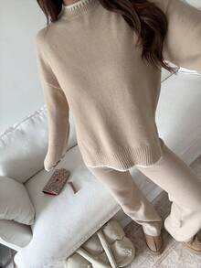 SHEIN Unity 2pcs Women Colorblock Rib-Trim Round Neck Long Sleeve Sweater And Pants Set Fall Winter Cloth For Women - Khaki - View 3