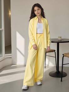 Sparklyn Tween Girls' Three Pieces Set, Street Cool Striped Long Sleeve Shirt, Pants, And Cami Top, Ideal For Spring And Fall Winter - Yellow - View 10