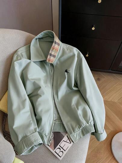 Airaco Casual Loose Zip-Up Contrast Color Graphic Print Long Sleeve Jacket