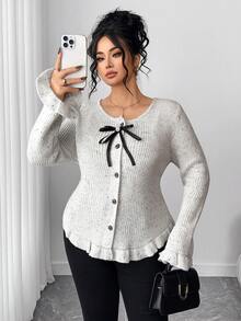 Elenzga Women's Autumn/Winter New Round Neck Bow Knit Long Sleeve Cardigan, Sweet & Soft, Versatile & Fashionable - Light Grey - View 4