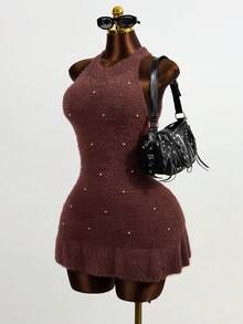 Mistrie Nouvelle robe mini près du corps pour femmes ornée de perles - Tabac - Voir 4