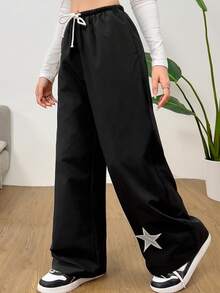 SHEIN 青少年女孩黑色星星贴片撞色抽绳编织休闲风裤，街头运动百搭长裤 - 黑色 - 查看 5