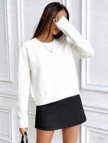 SHEIN Slouchy Solid Color Crew Neck Knit Long Sleeve Sweater - White - View 5
