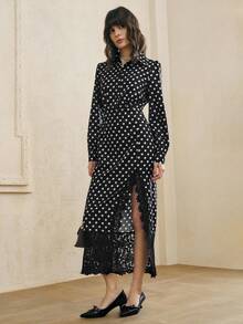 INAWLY Váy sơ mi ren chấm bi dài vừa thanh lịch dành cho nữ - Đen và trắng - Xem 3