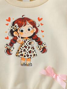 SHEIN 2-5Y Baby GirlCute Girl Print Apricot Casual Long Sleeve Sweatshirt + Fashionable Leopard Wide Leg Pants 2pcs Set, Autumn/Winter - Multicolor - View 6