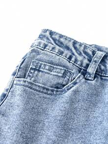 Teen Girls Casual Fashionable Versatile Blue Washed Denim 2-Piece Set, Detachable Furry Collar Design Simple Denim Top + Skinny Stretch Denim Pants, Essential Autumn/Winter Item For Stylish Girls