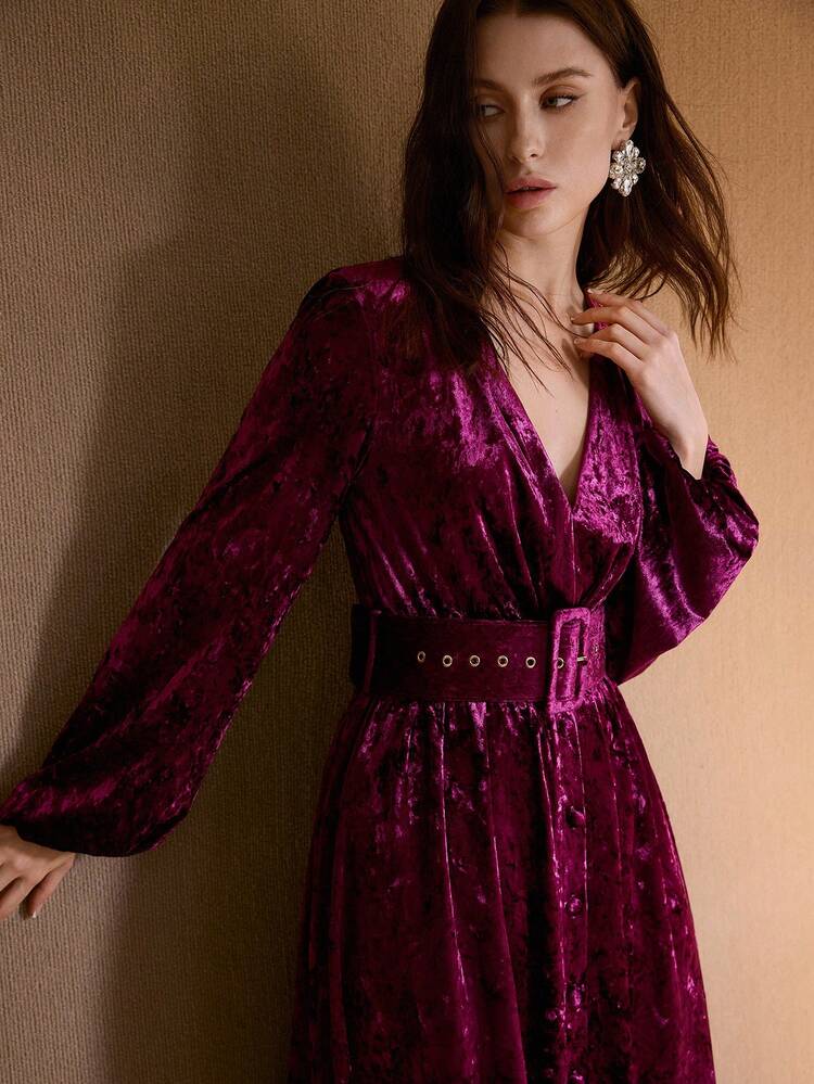 V-NECK RUCHED VELVET MIDI DRESS, AUTUMN/WINTER