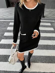 Chiquease Women's Autumn/Winter Contrast Piping Pockets Fitted Sweater Dress, Suitable For Work And Commute