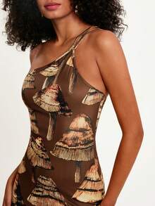 CAJUNI Women's Casual Vacation Asymmetric Mushroom Print Dress, Suitable For Dates, Boho Style, Brown Dress Brown Dress, One Shoulder Dresses, Brown Bodycon Dress, Brown Dress Women - Coffee - View 5