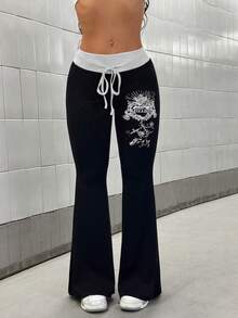 StreetHx Women's Contrast Color Patchwork Print Flare Pants - Light Grey - View 3