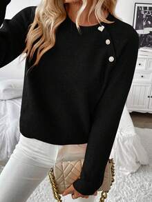 SHEIN PETITE Áo len nữ có thiết kế khuy và vạt xéo - màu đen - Xem 6