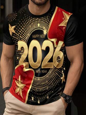 Manfinity 2026 New Men's Printed T-Shirt, Shiny Star Print, 2026 New Year Shirt, Comfortable Color New Year T-Shirt, 2026 New Year T-Shirt, Happy New Year T-Shirt Holiday Gift, Gift For Siblings, Gift For Brothers, Gift For Dad, Father's Day Gift, Casual Minimalist Fashion Top