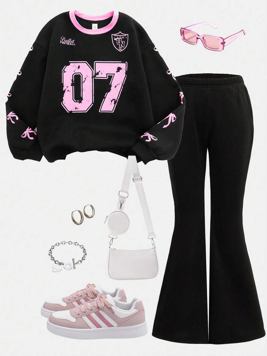 Girlism Conjunto informal de sudadera estampada de punto y pantalones para niña preadolescente - Negro - Ver 1