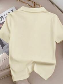 Franclia Plus Size Women's Polo Collar Embroidered Knit Cardigan Short Sleeve T-Shirt - Apricot - View 2