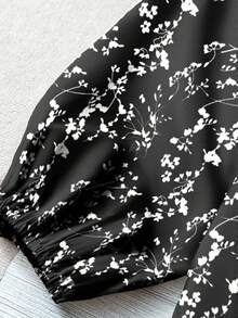 Linhara Áo sơ mi tay dài cài nút họa tiết hoa nhỏ xinh xắn dành cho nữ cỡ lớn, mùa thu - màu đen - Xem 5