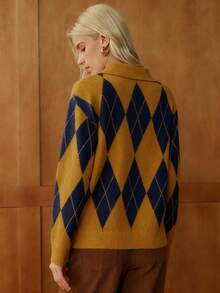 Écloséra 法式复古宽松Polo领长袖针织拼色菱形图案半扣设计卡其色女套头衫，秋冬 - 黃色 - 查看 2
