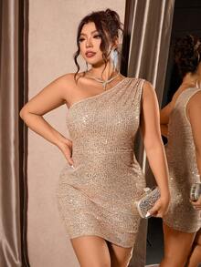 SHEIN PETITE CURVE Plus Size Sequin Patchwork Solid Color Asymmetric Neckline Sleeveless Dress - Apricot - View 3