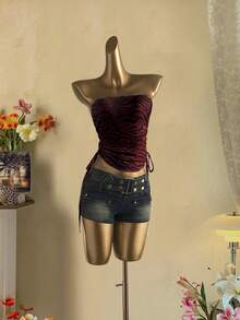 Attitoon Áo hai dây rút họa tiết ngựa vằn đơn giản dành cho nữ, kiểu dáng thời trang, phù hợp cho mùa xuân/hè - Màu Đỏ Sâu - Xem 5