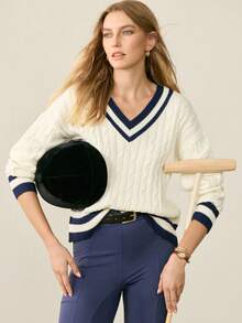 Activina Sweter damski w paski z dekoltem w serek i długimi rękawami, z warkoczowym wzorem