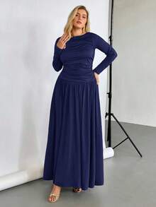 Auralis 大码长裙，秋季连衣裙，长袖连衣裙，高弹舒适连衣裙秋季女装秋季优雅女士连衣裙女士秋季连衣裙端庄端庄连衣裙 - 藏蓝色 - 查看 3