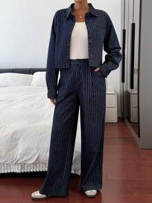 Livesso Women's Casual Striped Shirt Jacket And Straight Leg Pants Suit, Loose Fit Business Casual Office Wear, Autumn/Winter - Dark Wash - View 2
