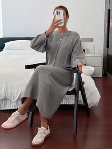 DAZY 女式休闲纯色针织连衣裙，秋冬 - 灰色 - 查看 6